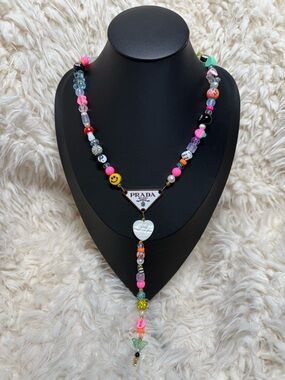 Prada Multicolor Beaded Necklace with Triangle Logo and Heart Charm